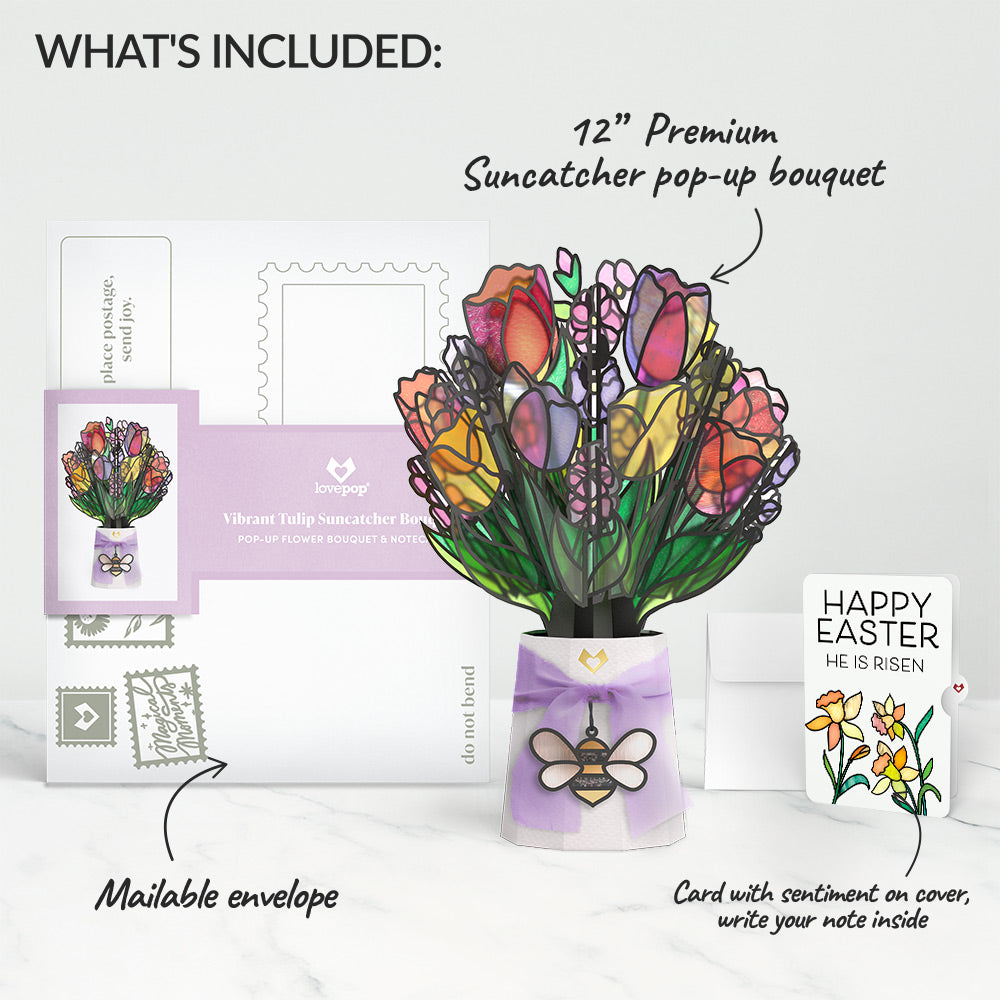 Vibrant Tulip Easter Suncatcher Bouquet and Garden Blooms He Is Risen Sentiment Set