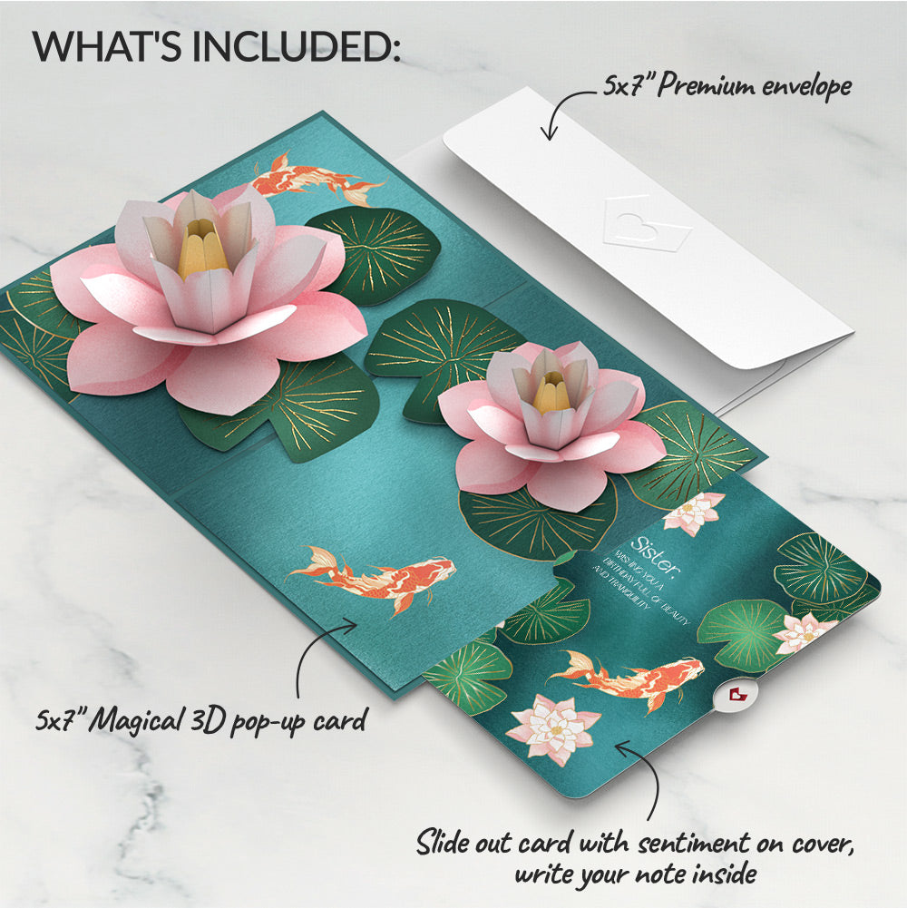 Koi Fish and Lotus Pond Birthday Pop-Up Card and Sentiment Set for Sister
