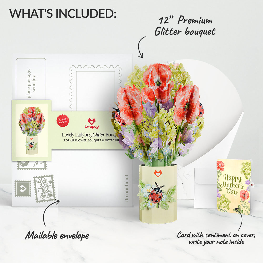 Lovely Ladybug Mother’s Day Glitter Bouquet and Soft Spring Blooms Sentiment Set