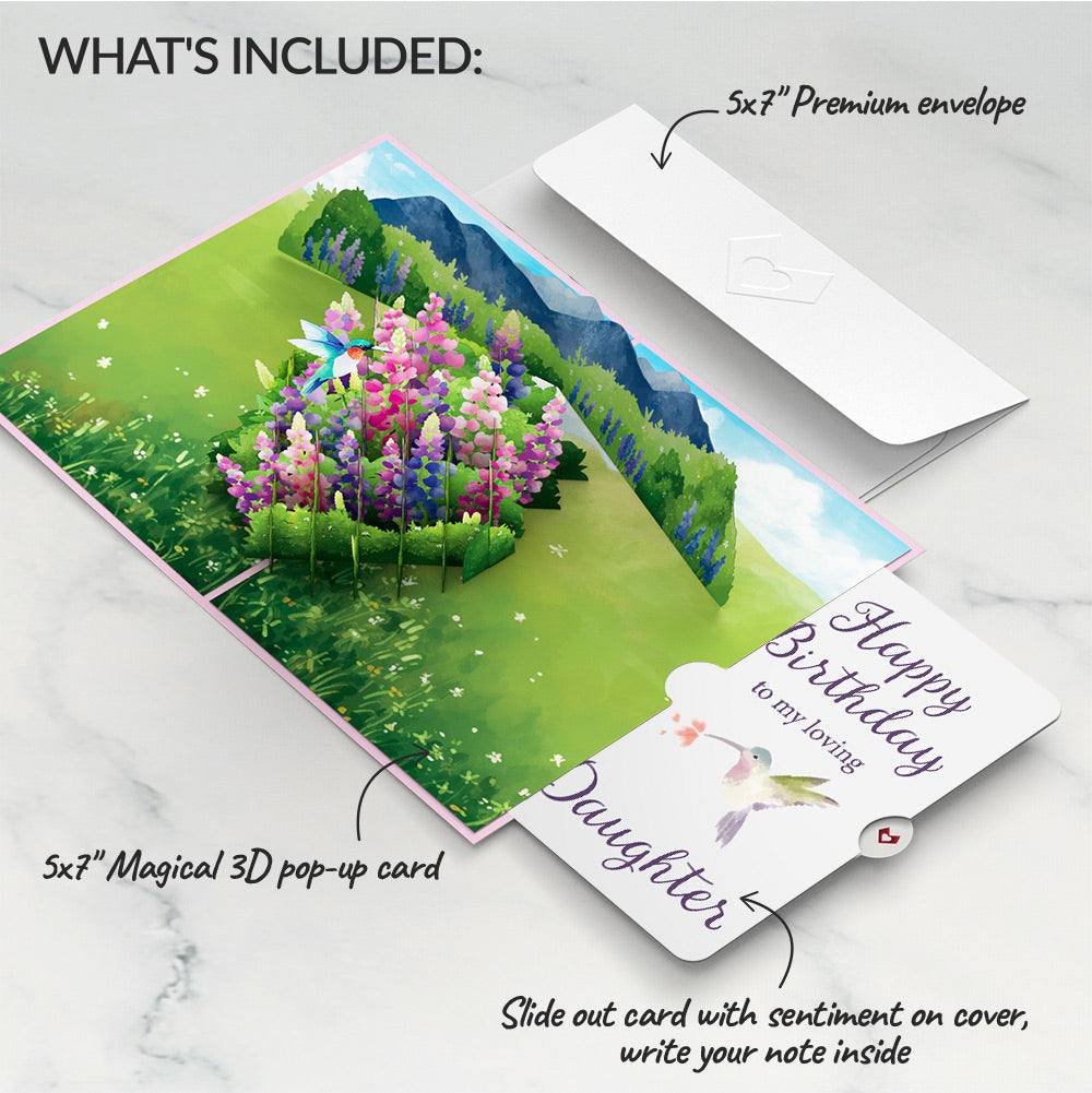 Lupine Hummingbird Birthday Pop-Up Card and Sentiment Set for Daughter