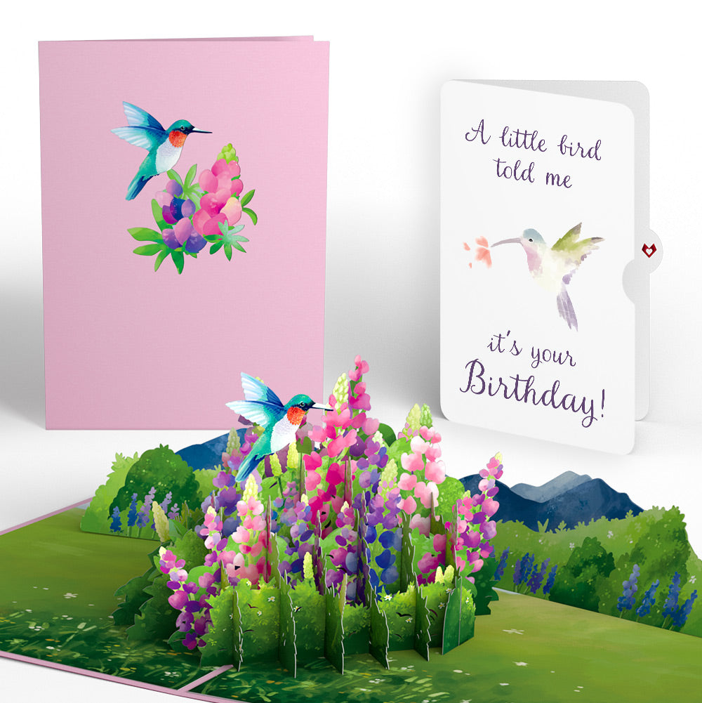 Lupine Hummingbird Birthday Pop-Up Card and A Little Hummingbird Kisses Sentiment Set