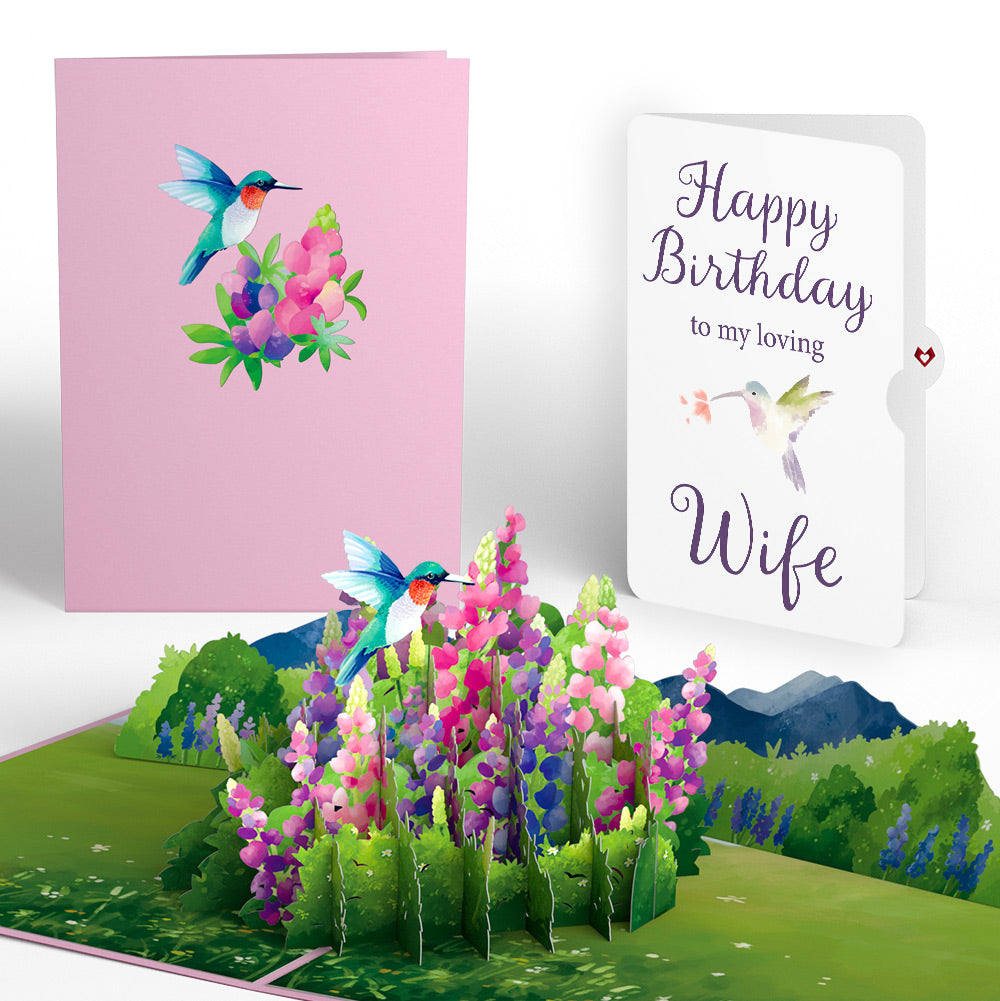 Lupine Hummingbird Birthday Pop-Up Card and Sentiment Set for Wife