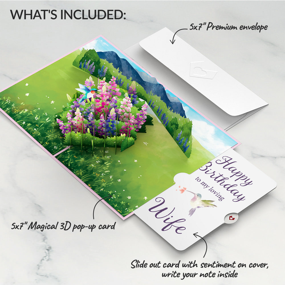 Lupine Hummingbird Birthday Pop-Up Card and Sentiment Set for Wife