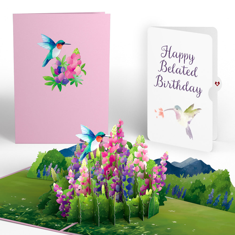 Lupine Hummingbird Belated Birthday Pop-Up Card and Sentiment Set