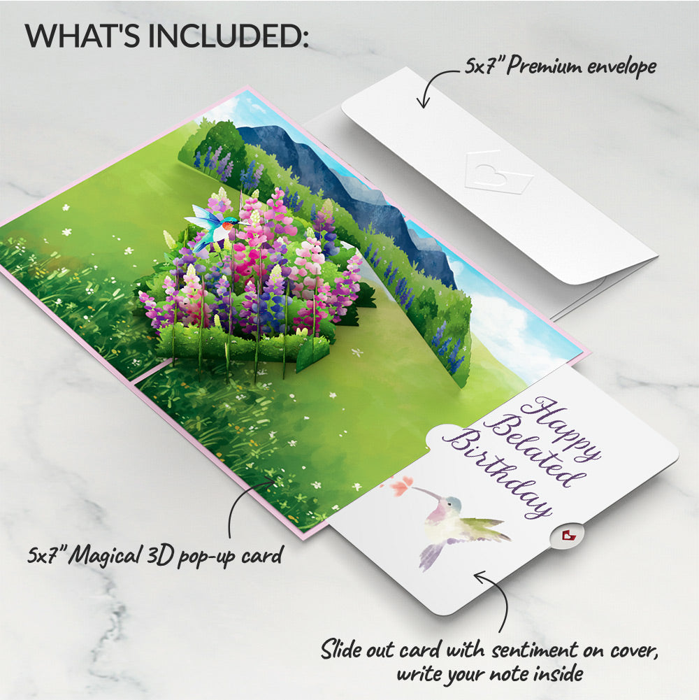 Lupine Hummingbird Belated Birthday Pop-Up Card and Sentiment Set