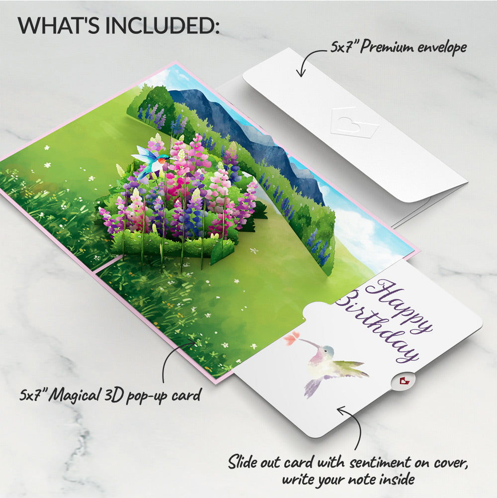 Lupine Hummingbird Birthday Pop-Up Card and Hummingbird Kisses Sentiment Set