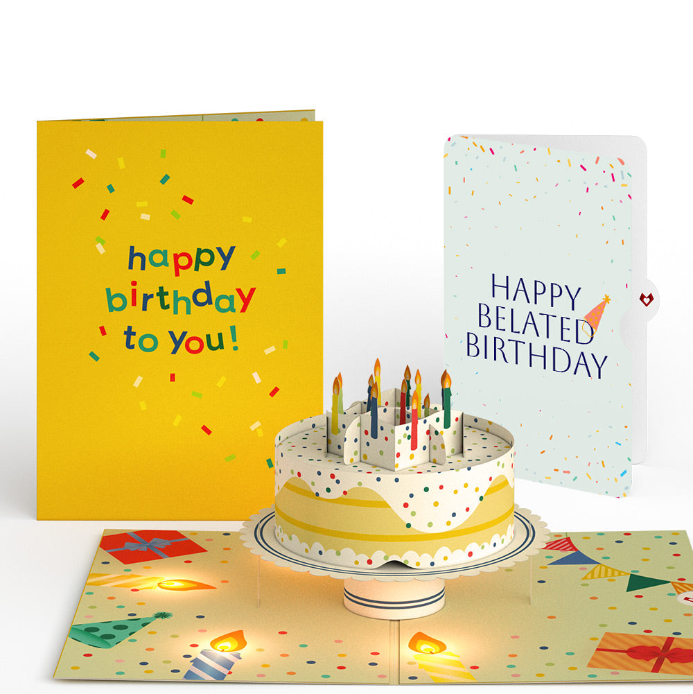 Happy Belated Birthday Confetti Cake Music and Lights Pop-Up Card and Sentiment Set