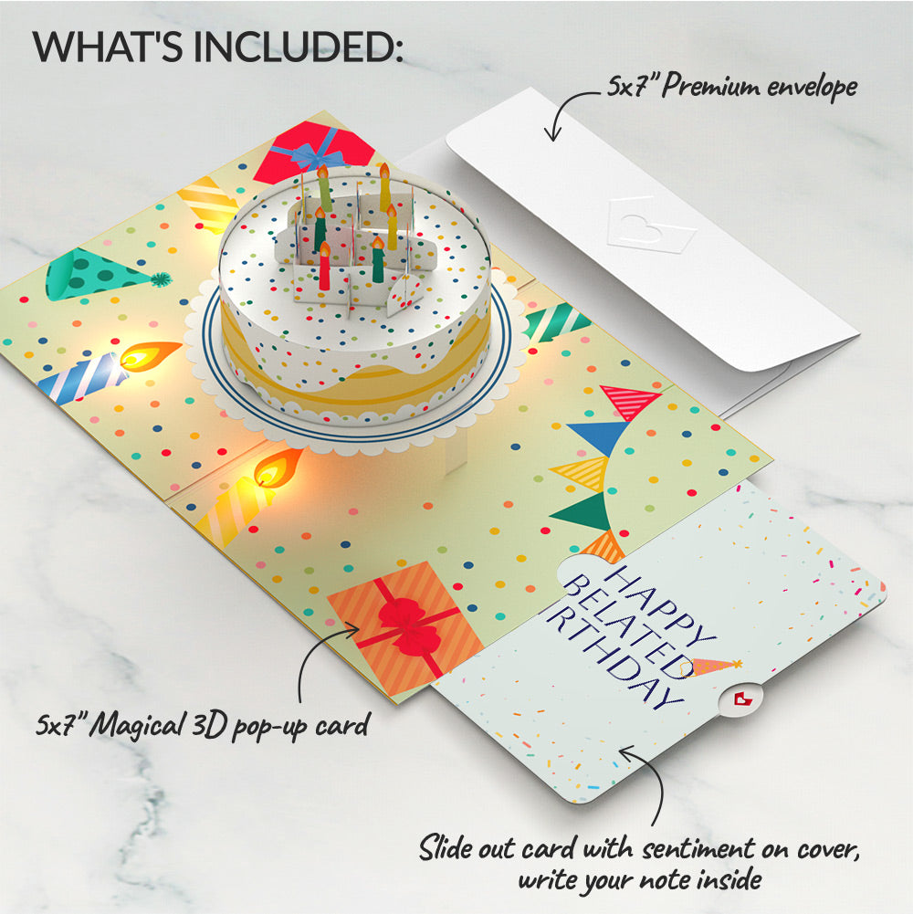 Happy Belated Birthday Confetti Cake Music and Lights Pop-Up Card and Sentiment Set