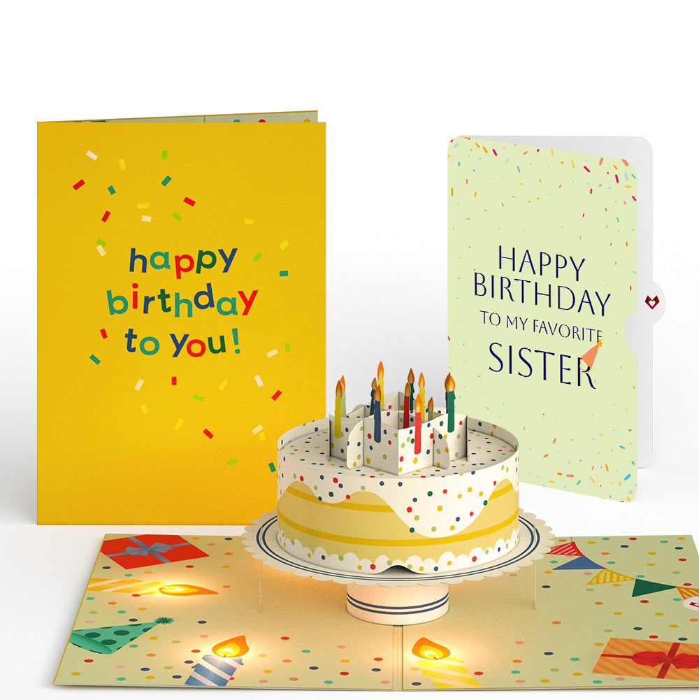 Happy Birthday Confetti Cake Music and Lights Pop-Up Card and Sentiment Set for Sister