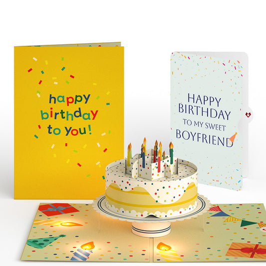 Happy Birthday Confetti Cake Music and Lights Pop-Up Card and Sentiment Set for Boyfriend
