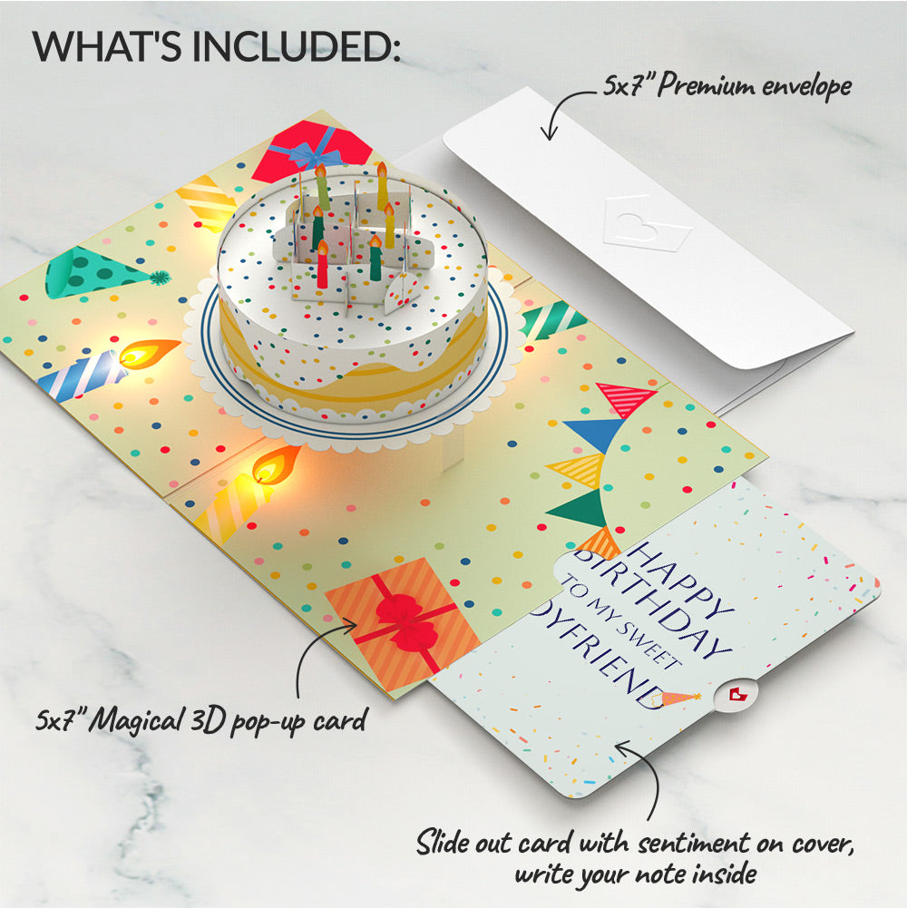 Happy Birthday Confetti Cake Music and Lights Pop-Up Card and Sentiment Set for Boyfriend