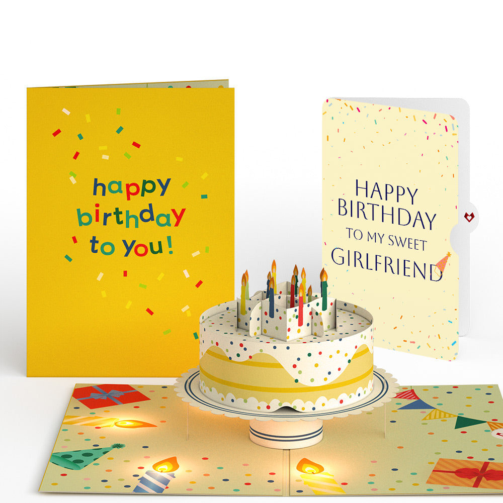 Happy Birthday Confetti Cake Music and Lights Pop-Up Card and Sentiment Set for Girlfriend