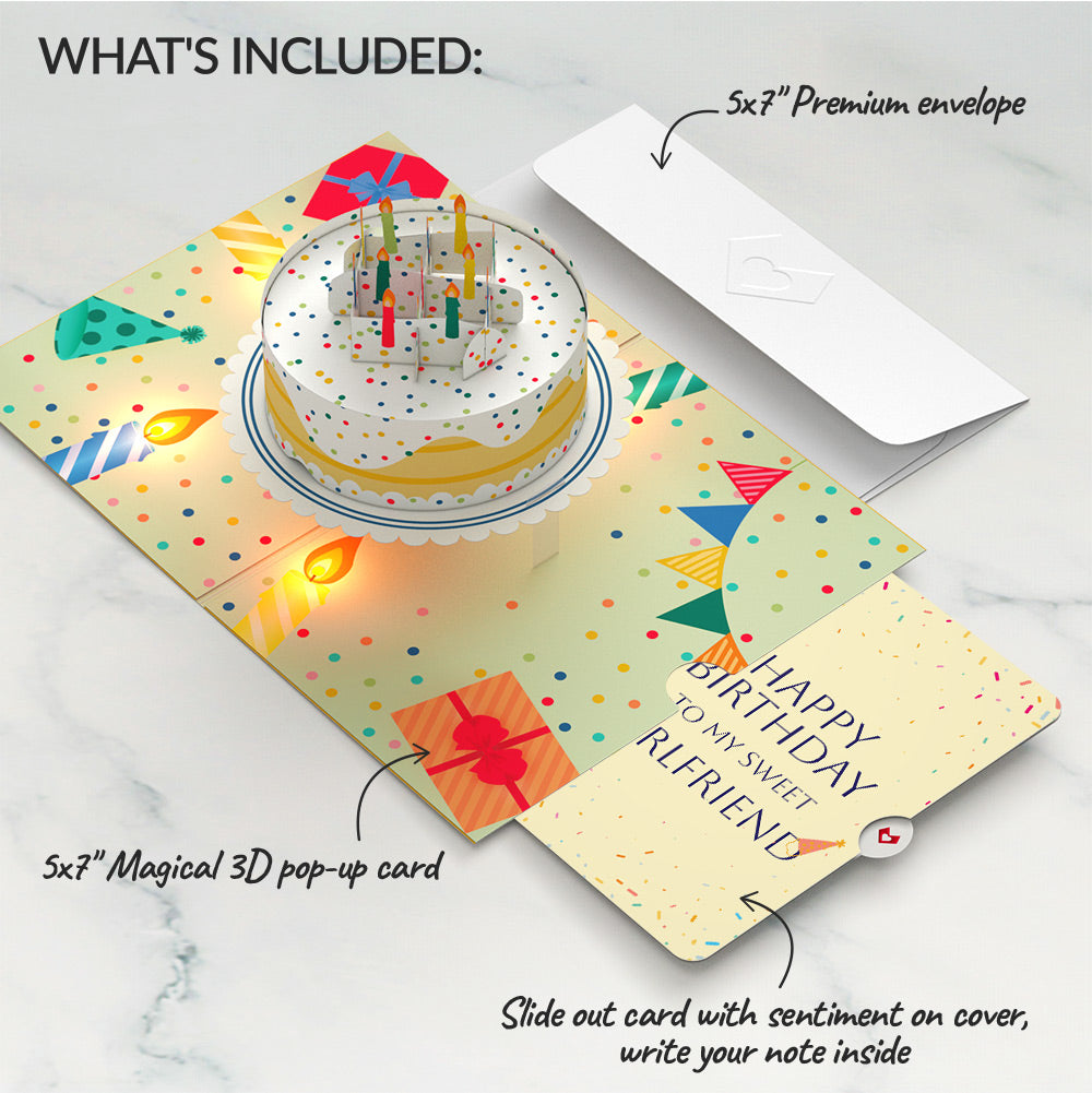 Happy Birthday Confetti Cake Music and Lights Pop-Up Card and Sentiment Set for Girlfriend