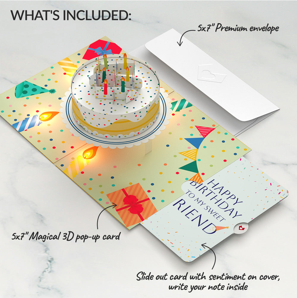 Happy Birthday Confetti Cake Music and Lights Pop-Up Card and Sentiment Set for Friend