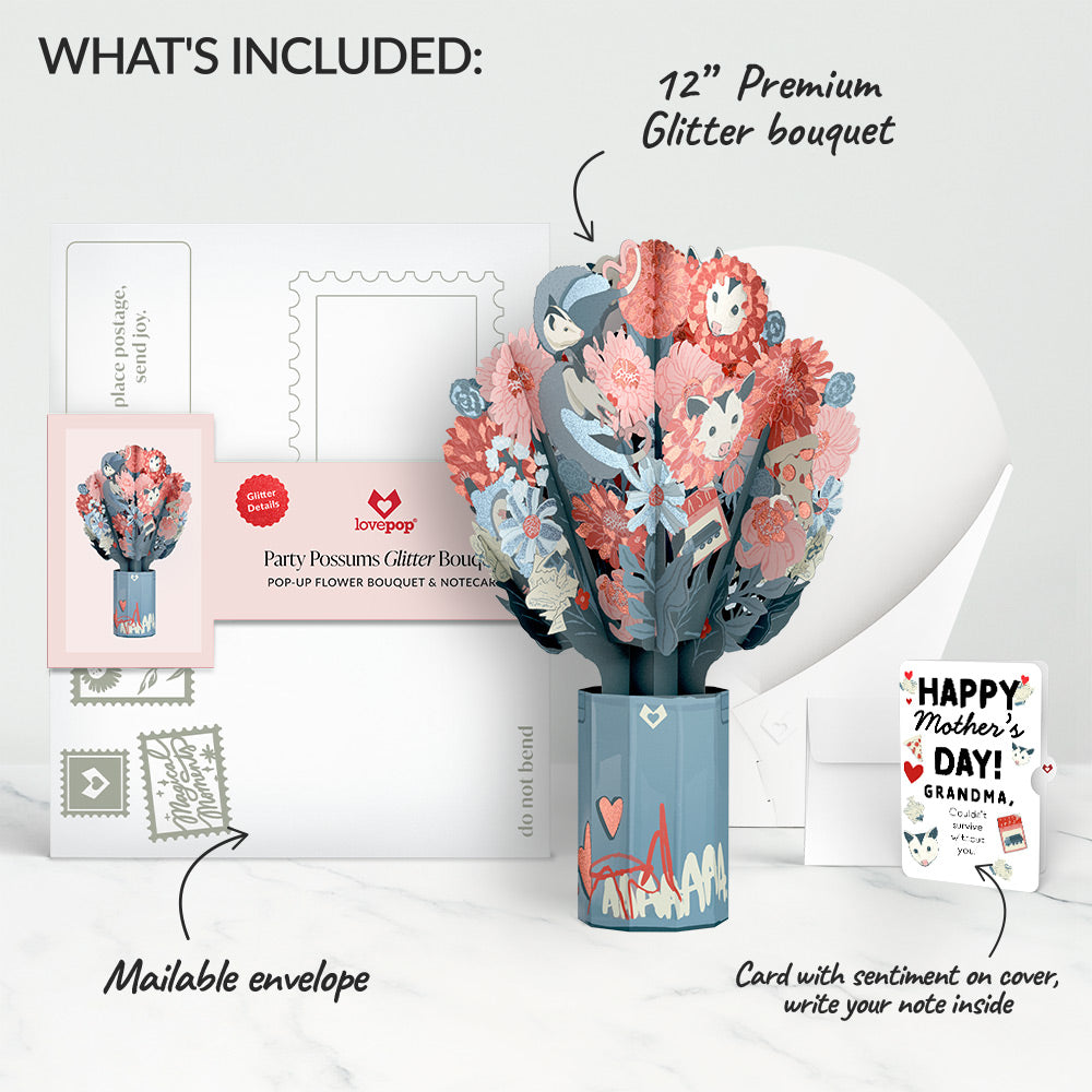 Party Possums Mother’s Day Glitter Bouquet and Sentiment Set for Grandmother