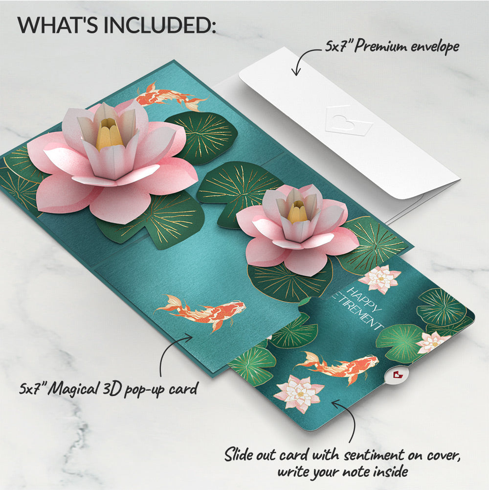 Koi Fish and Lotus Pond Retirement Pop-Up Card and Sentiment Set