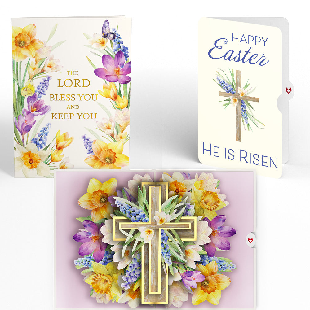 The Lord Bless You Floral Cross Easter Pop-Up Card and Wildflower Cross Grace He Is Risen Sentiment Set