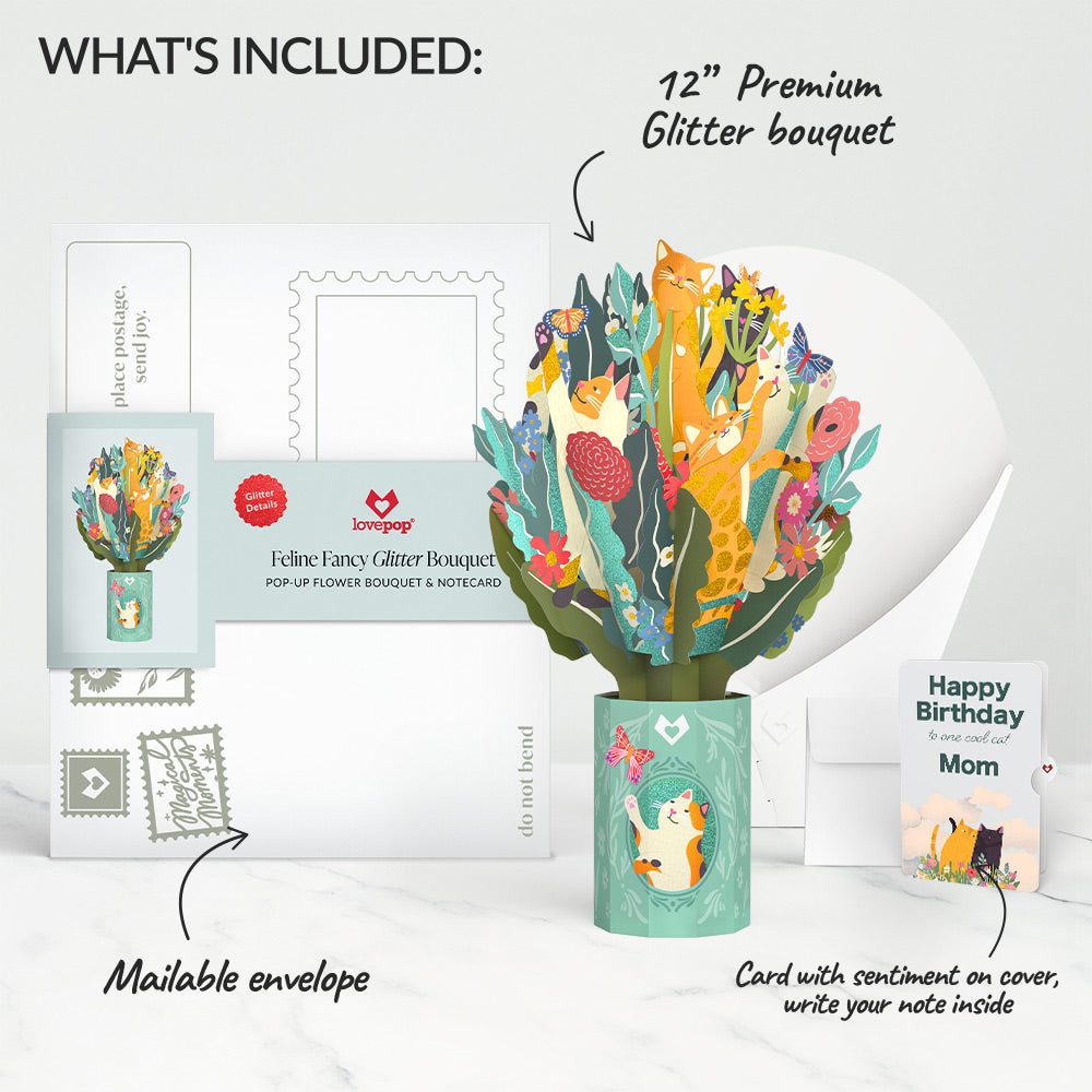 Feline Fancy Birthday Glitter Bouquet and Sentiment Set for Mom