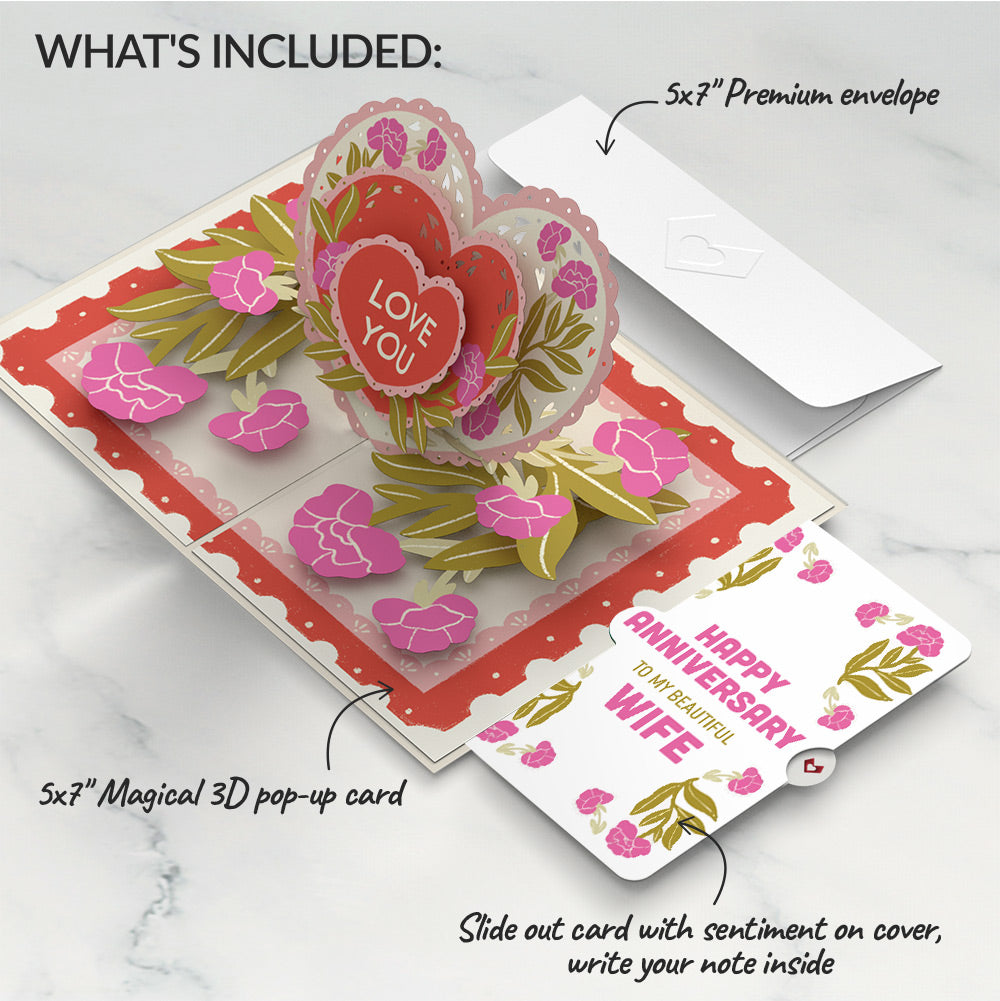 Vintage Floral Love You Heart Anniversary Pop-Up Card and Sentiment Set for Wife