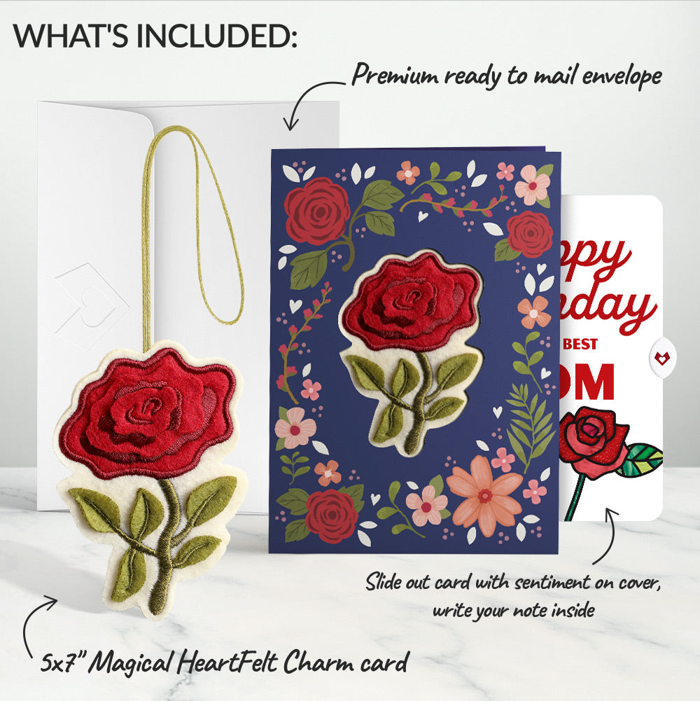 Everlasting Rose Birthday HeartFelt Charm Card™ and Rose Heart Bloom Sentiment Set for Mom