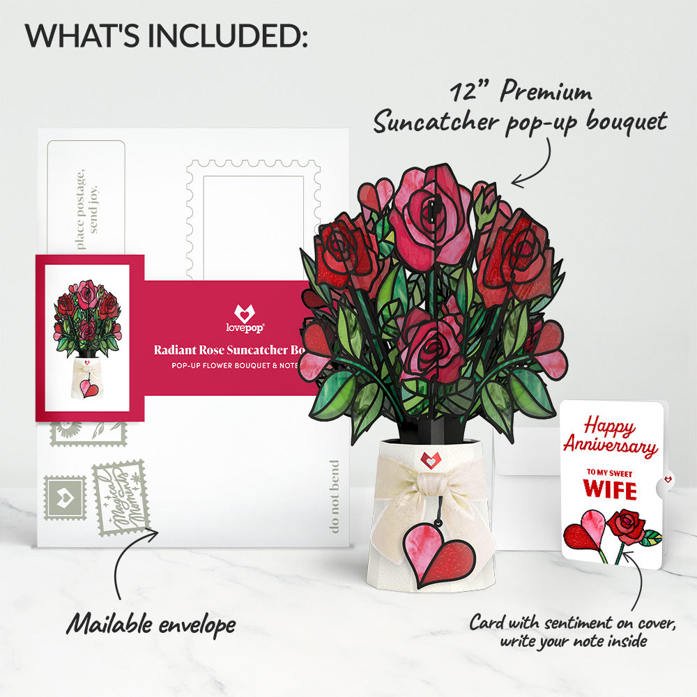 Radiant Rose Anniversary Suncatcher Bouquet and Sentiment Set for Wife