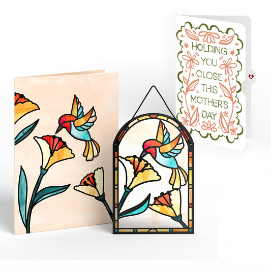 Sparkling Hummingbird Mother’s Day Suncatcher Card and Vintage Blossom Sentiment Set for Mom