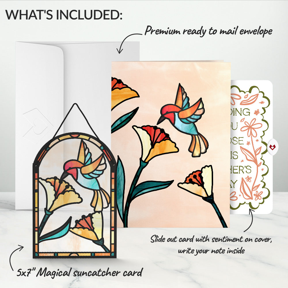 Sparkling Hummingbird Mother’s Day Suncatcher Card and Vintage Blossom Sentiment Set for Mom