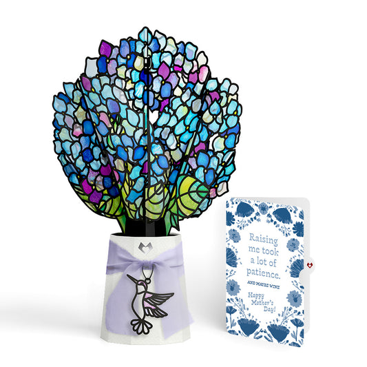 Sunlit Hydrangeas Mother’s Day Suncatcher Bouquet and Vintage Blue Floral Sentiment Set for Mom