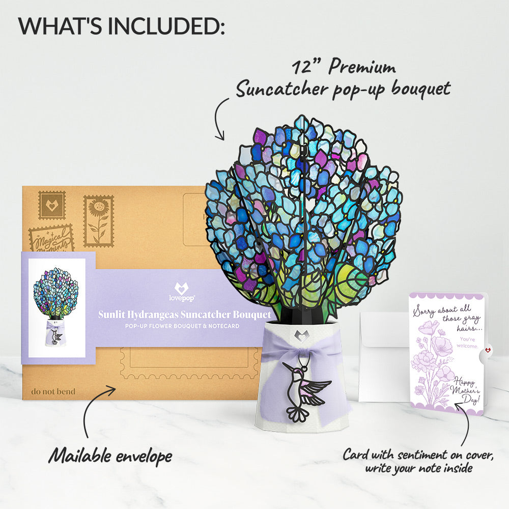 Sunlit Hydrangeas Mother’s Day Suncatcher Bouquet and Vintage Lavender Floral Sentiment Set for Mom