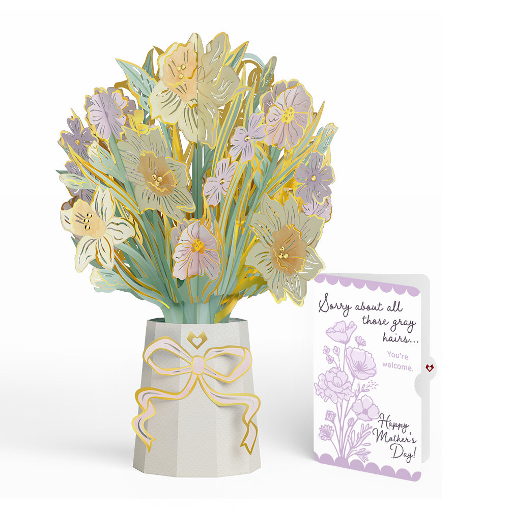 Gilded Daffodil Mother’s Day Luxe Bouquet and Vintage Lavender Floral Sentiment Set for Mom