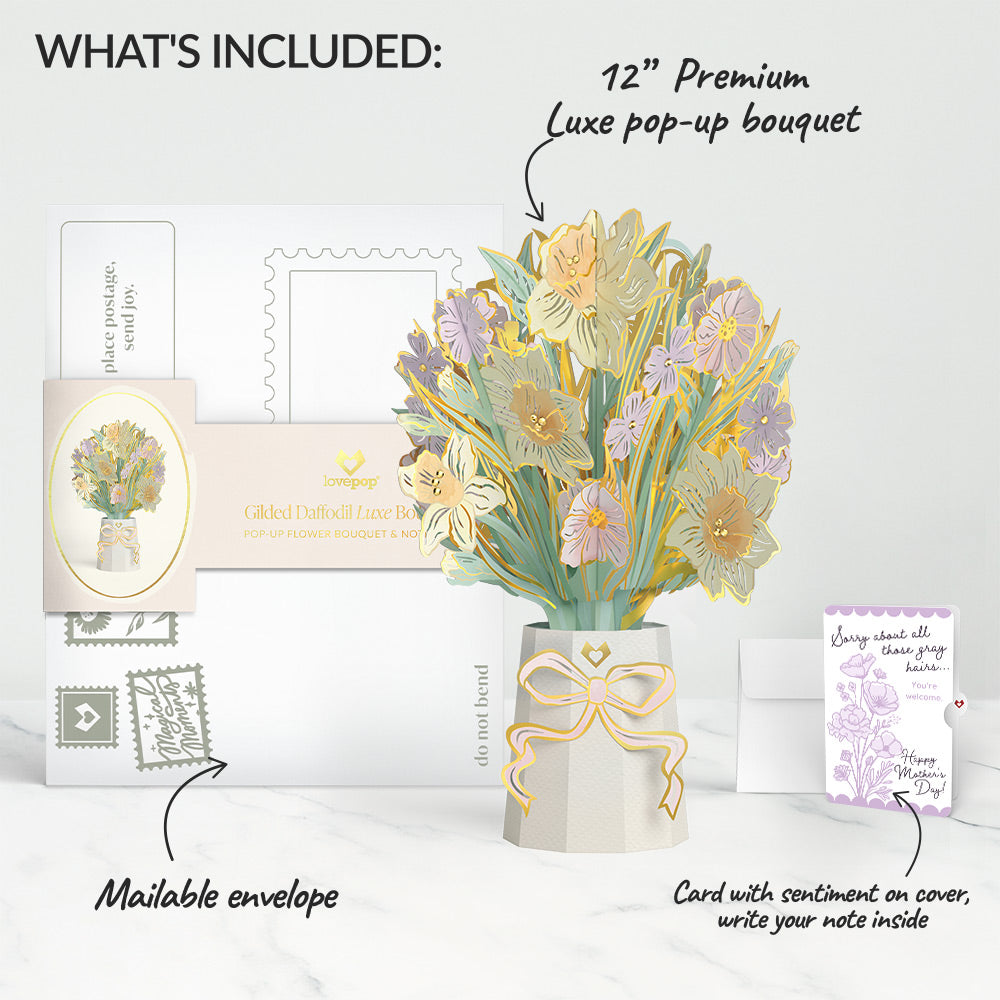 Gilded Daffodil Mother’s Day Luxe Bouquet and Vintage Lavender Floral Sentiment Set for Mom