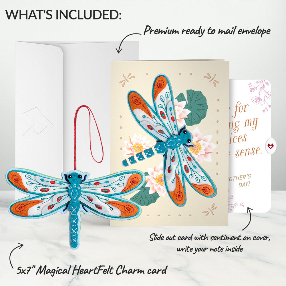 Peaceful Dragonfly Mother’s Day HeartFelt Charm Card™ and Delicate Sketch Floral Sentiment Set for Mom