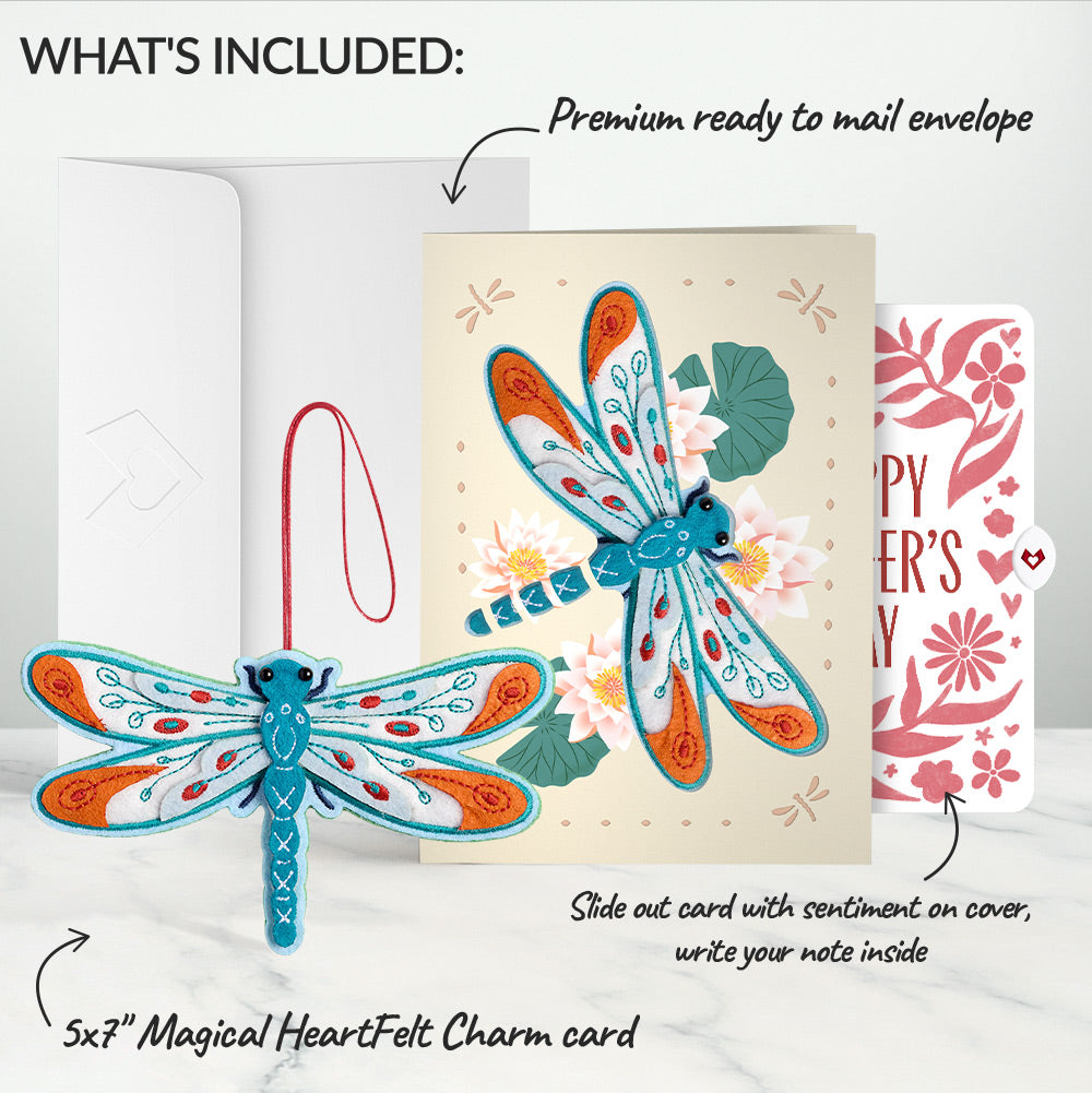 Peaceful Dragonfly Mother’s Day HeartFelt Charm Card™ and Bold Petal Pattern Sentiment Set for Mom