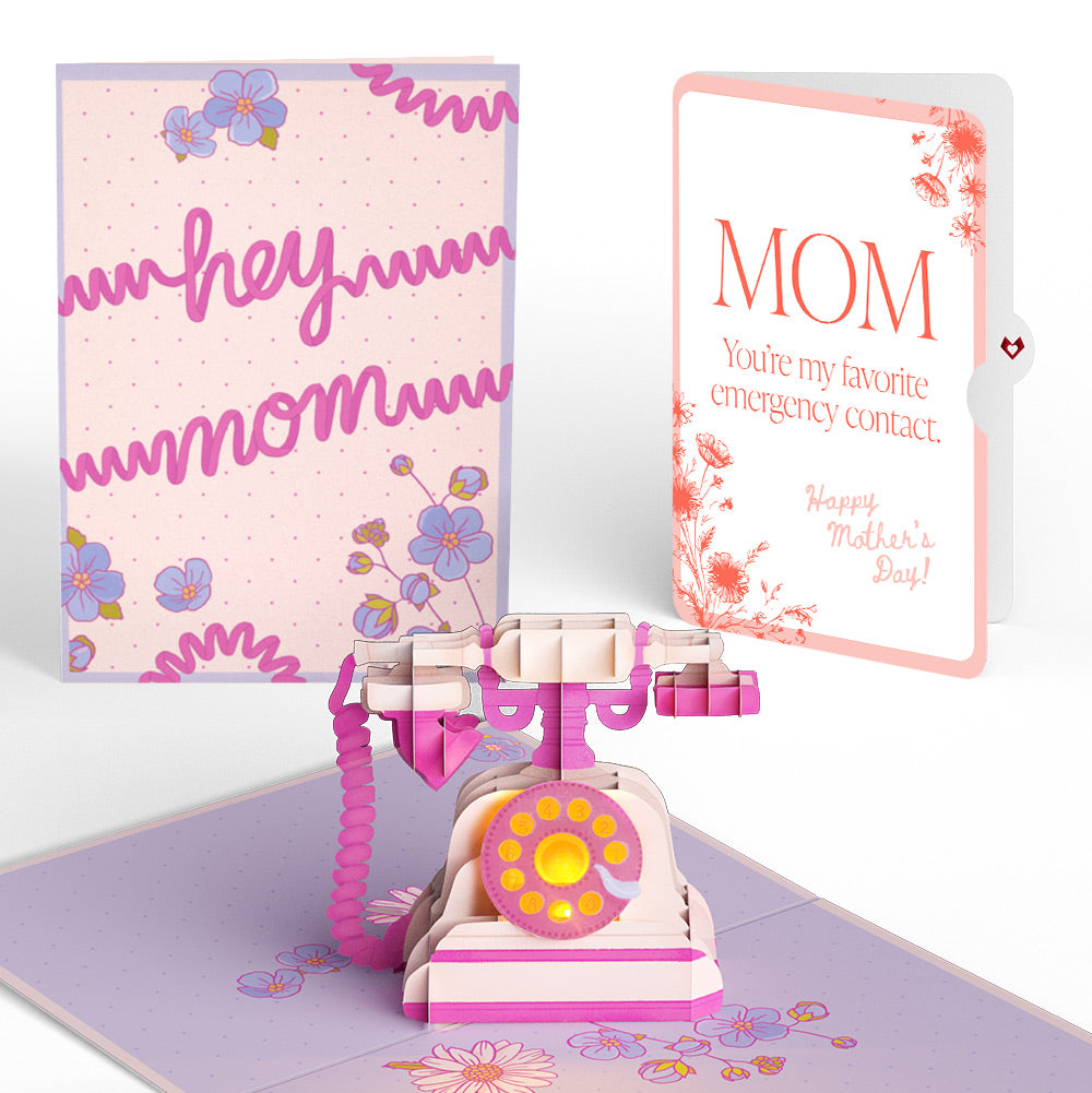 'Hey Mom' Vintage Phone Mother’s Day Music and Lights Pop-Up Card and Delicate Line Floral Sentiment Set for Mom