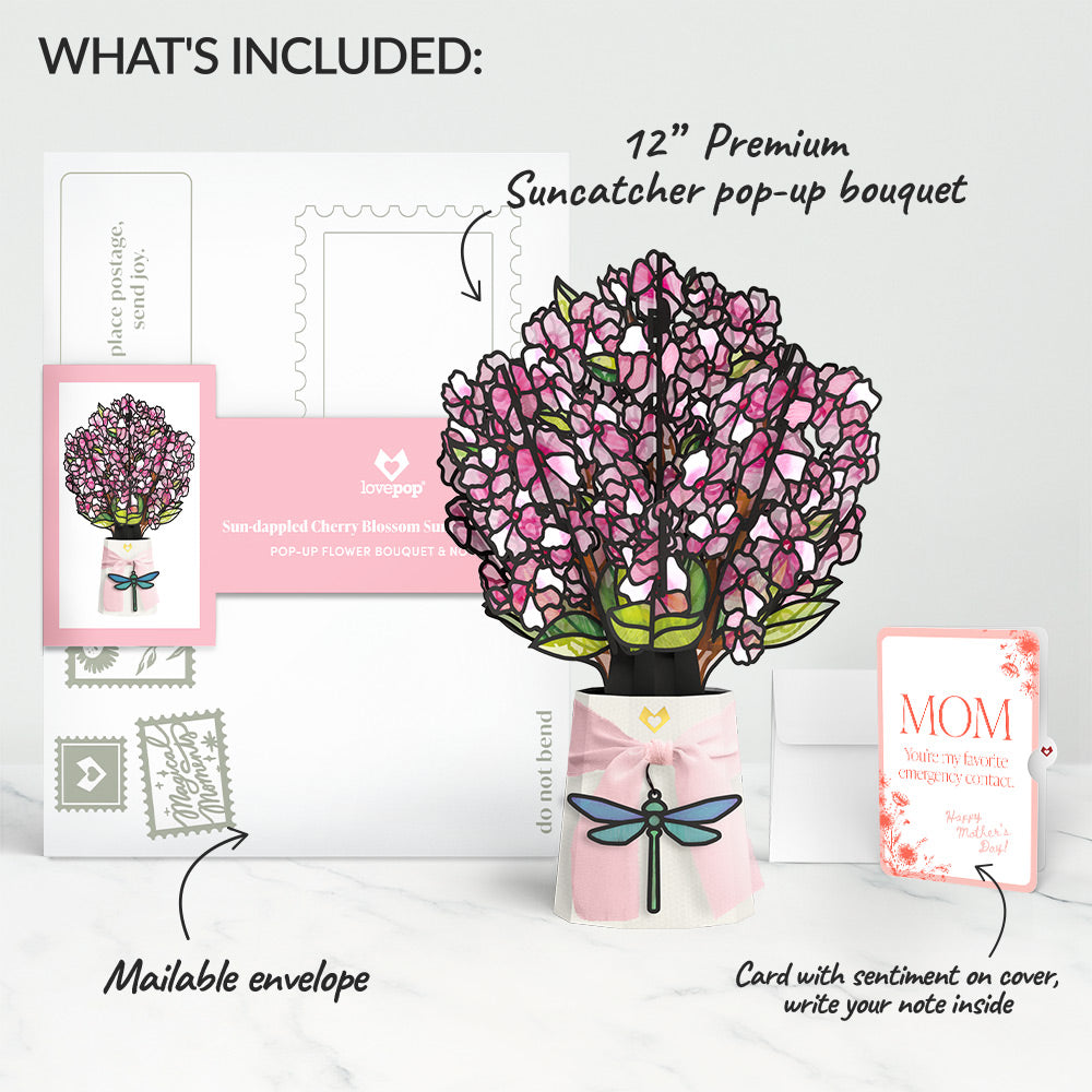 Sun-dappled Cherry Blossom Mother’s Day Suncatcher Bouquet and Delicate Line Floral Sentiment Set for Mom