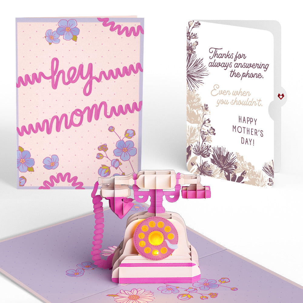 'Hey Mom' Vintage Phone Mother’s Day Music and Lights Pop-Up Card and Soft Neutral Bloom Sentiment Set for Mom