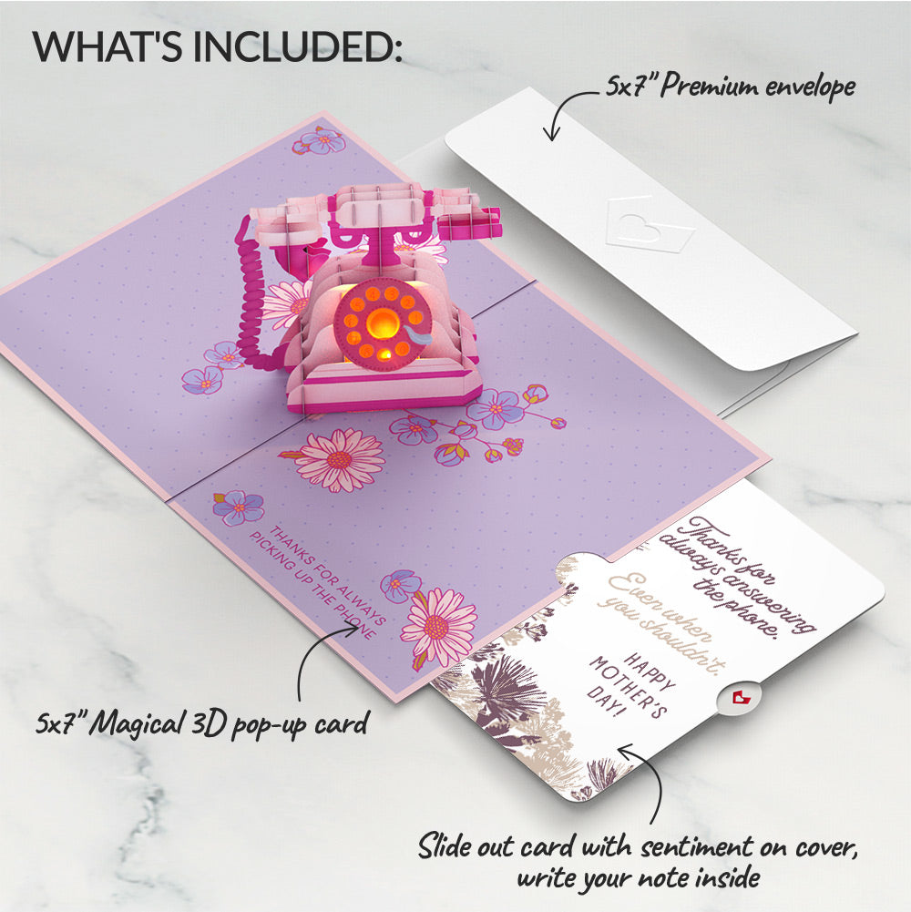 'Hey Mom' Vintage Phone Mother’s Day Music and Lights Pop-Up Card and Soft Neutral Bloom Sentiment Set for Mom