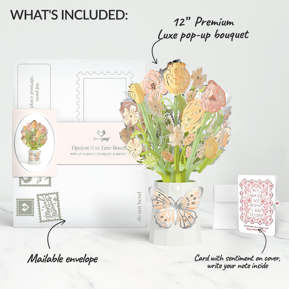 Opulent Rose Mother’s Day Luxe Bouquet and Folk Floral Gratitude Sentiment Set for Mom