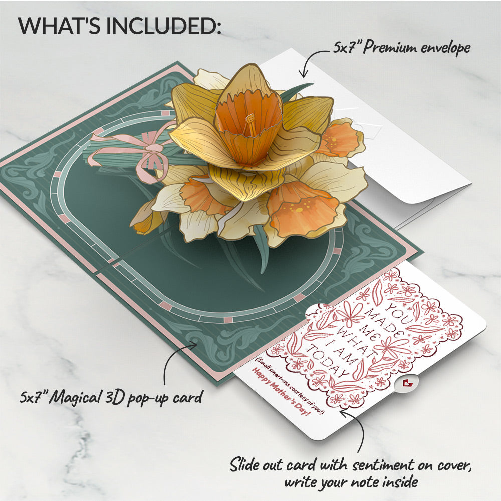 Daffodils in Bloom Mother’s Day Pop-Up Card and Folk Floral Gratitude Sentiment Set for Mom