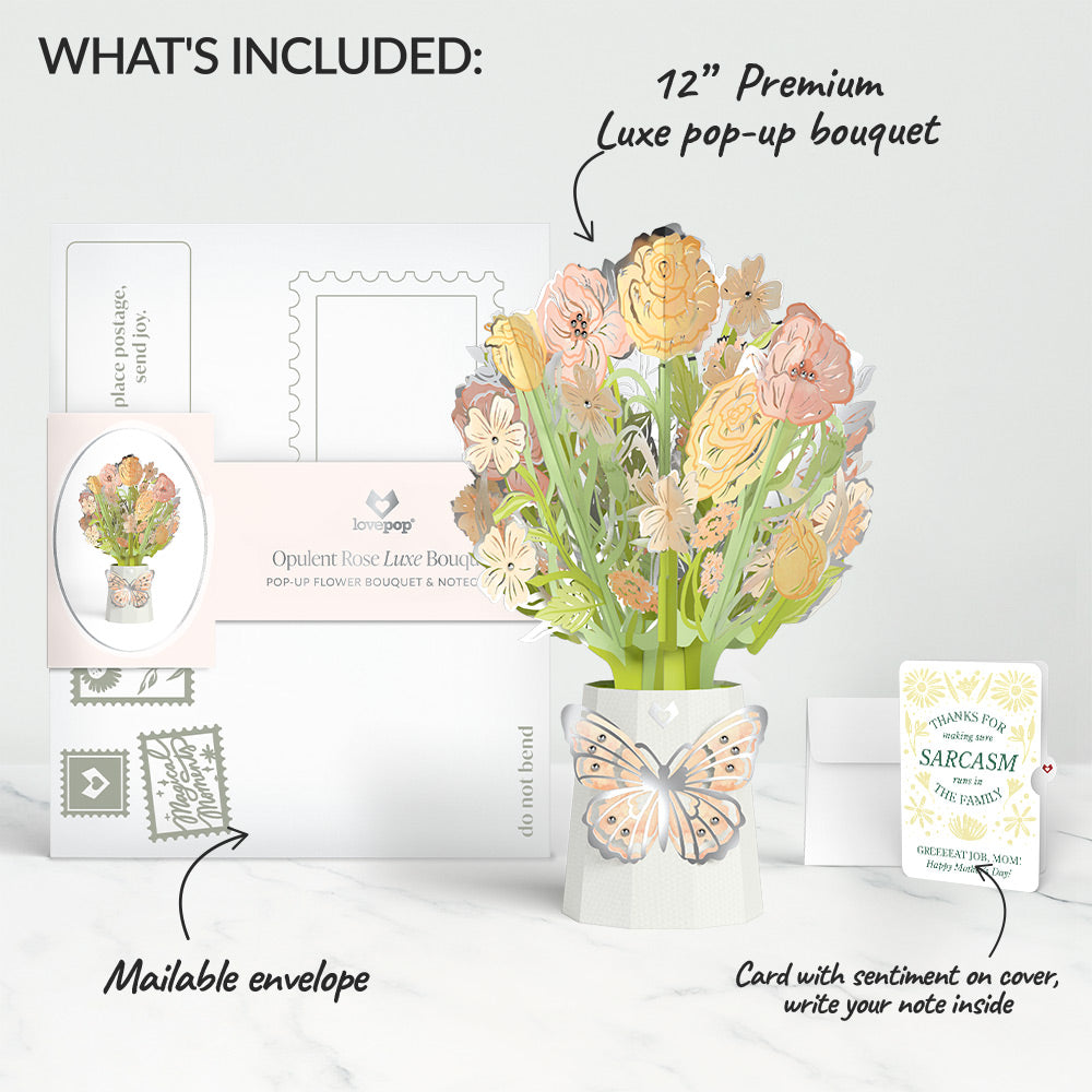Opulent Rose Mother’s Day Luxe Bouquet and Sunny Sarcasm Garden Sentiment Set for Mom
