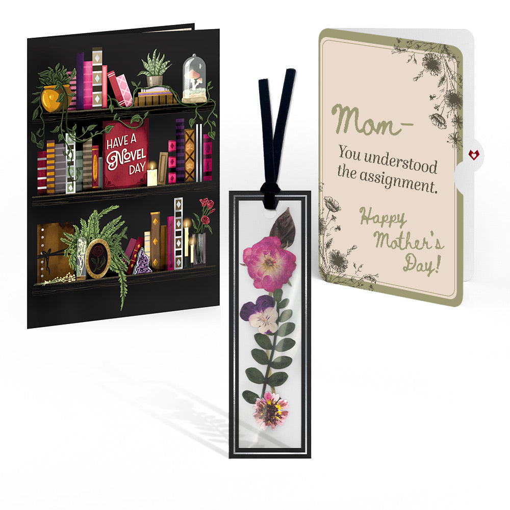 Novel Day Mother’s Day Petal Pressed™ Bookmark Card and Vintage Sketch Garden Sentiment Set for Mom