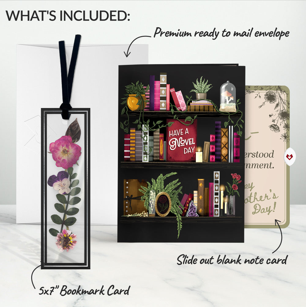 Novel Day Mother’s Day Petal Pressed™ Bookmark Card and Vintage Sketch Garden Sentiment Set for Mom
