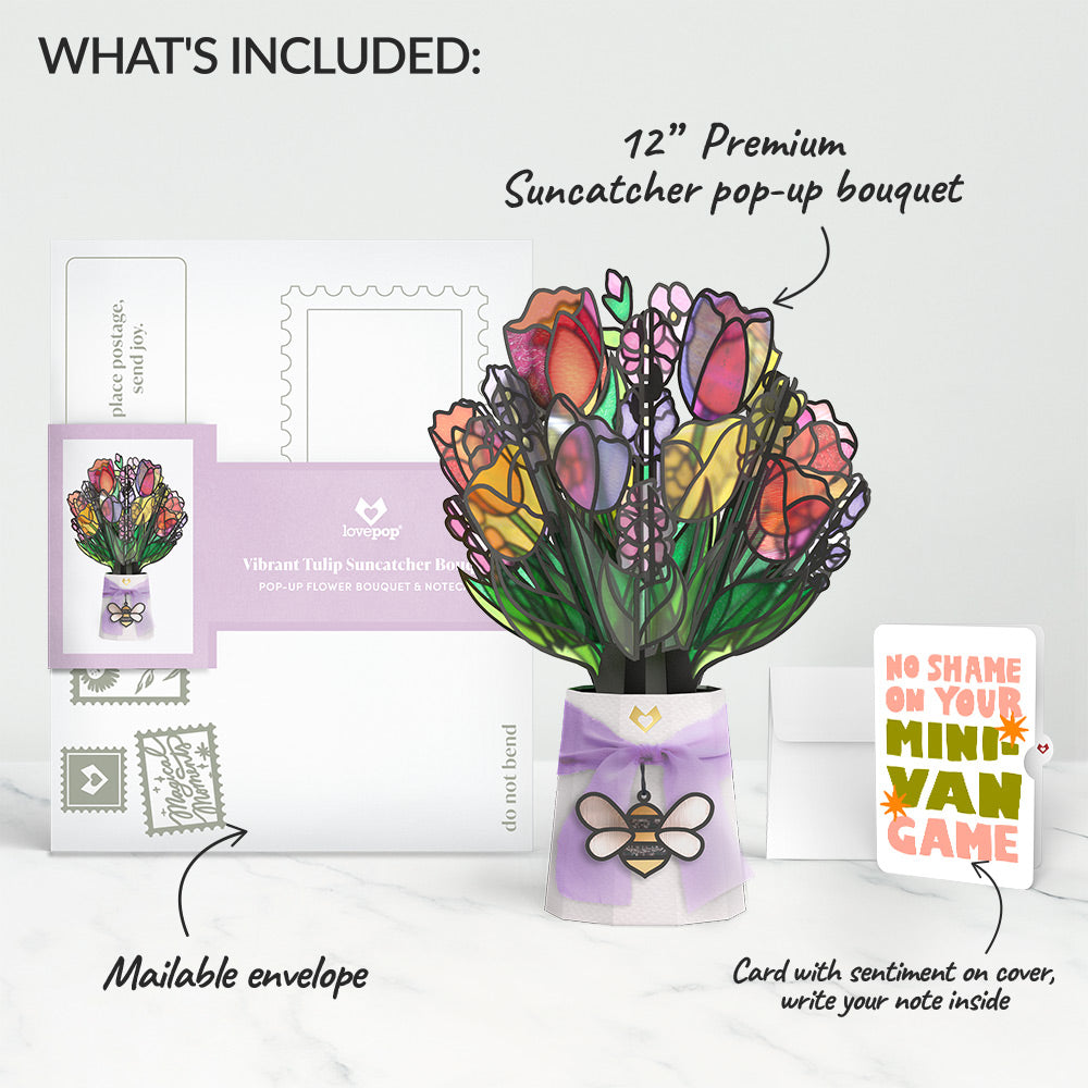 Vibrant Tulip Suncatcher Bouquet and Minivan Chaos Humor Sentiment Set