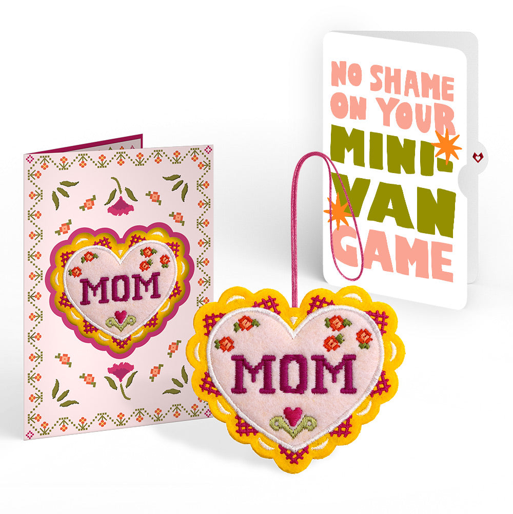 Stitched with Love Mom HeartFelt Charm Card™ and Minivan Chaos Humor Sentiment Set