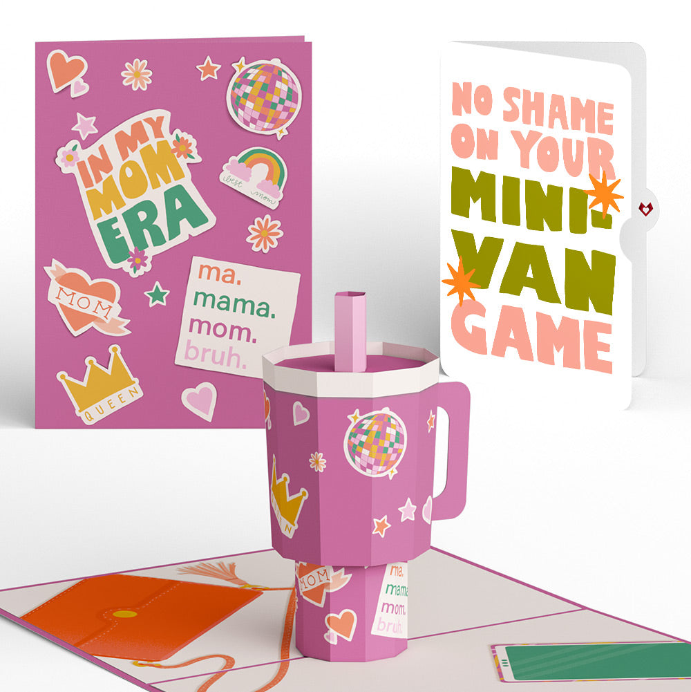 Mom Era Tumble Pop-Up Card and Minivan Chaos Humor Sentiment Set