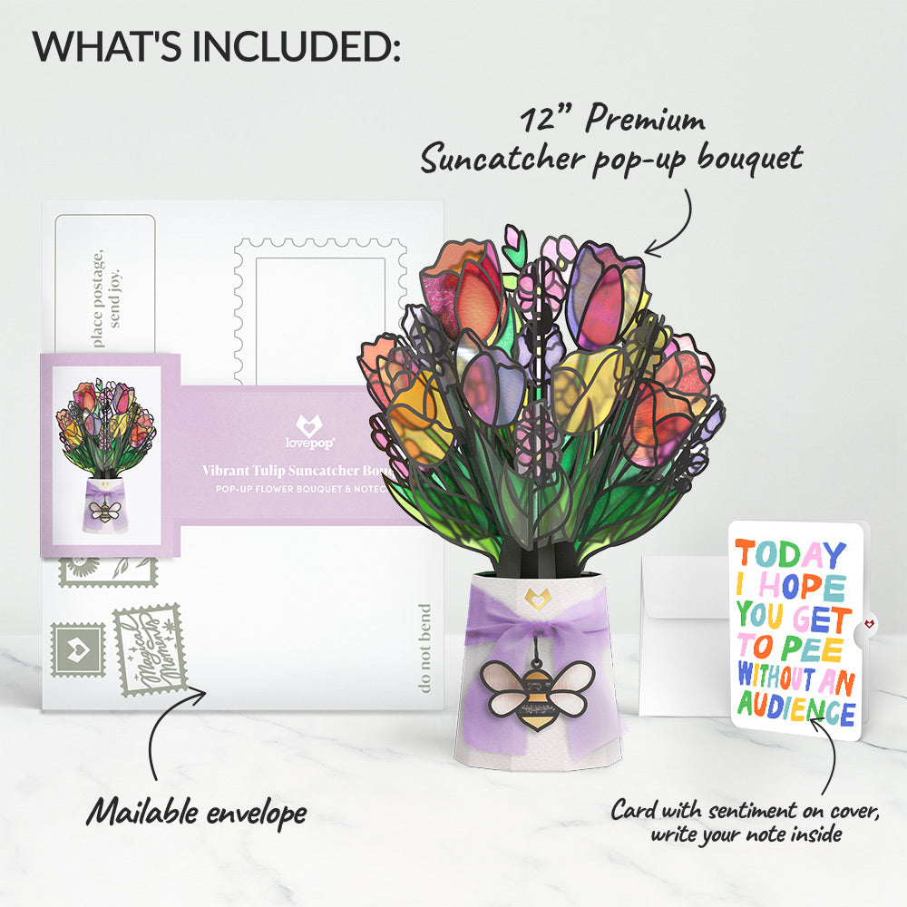 Vibrant Tulip Suncatcher Bouquet and Parenthood Humor Sentiment Set