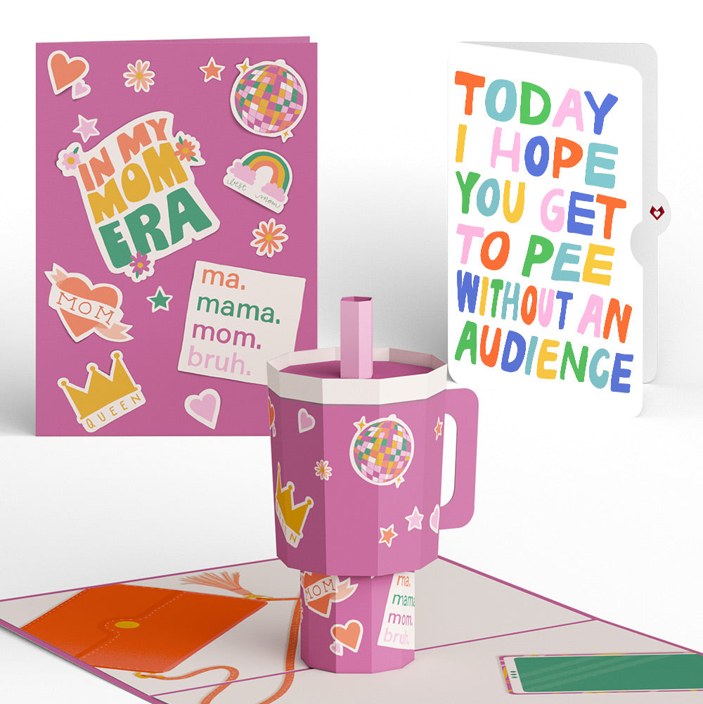 Mom Era Tumbler Pop-Up Card and Parenthood Humor Sentiment Set