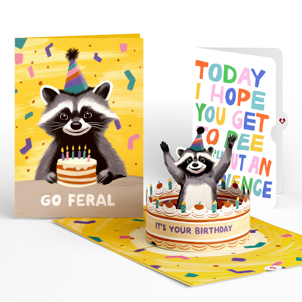 Go Feral Raccoon Birthday Pop-Up Card and Parenthood Humor Sentiment Set