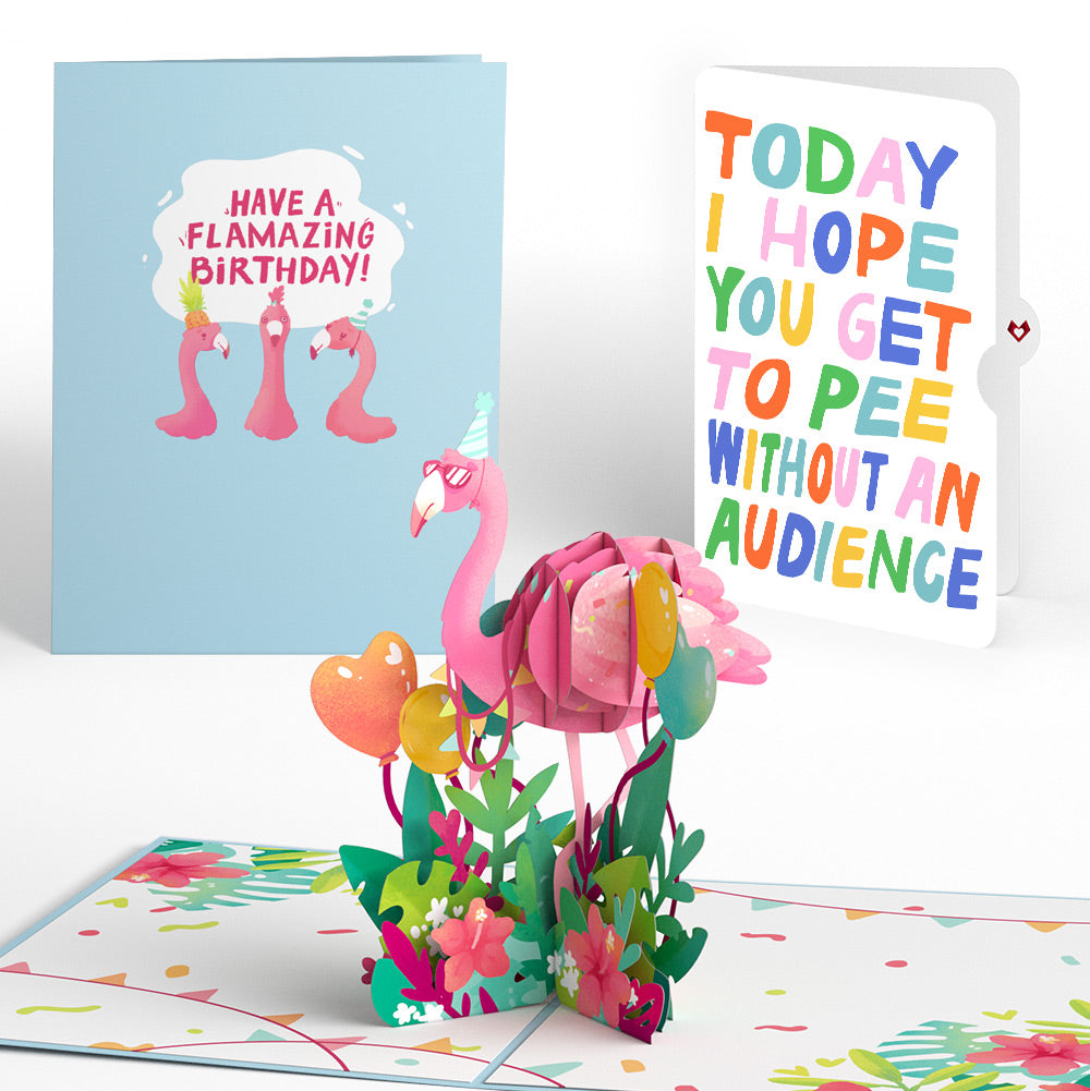 Flamazing Birthday Flamingo Pop-Up Card and Parenthood Humor Sentiment Set for Parent
