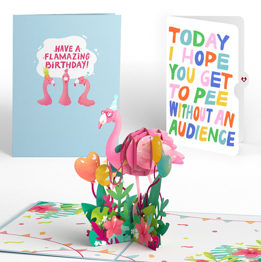 Flamazing Birthday Flamingo Pop-Up Card and Parenthood Humor Sentiment Set for Parent